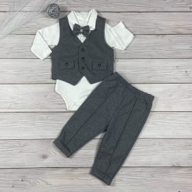   Elegáns kisfiú pamut alkalmi szett mellénnyel és csokornyakkendővel- szürke