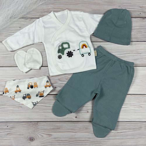  5 részes, járműves mintájú kisfiú hazahozós baby szett