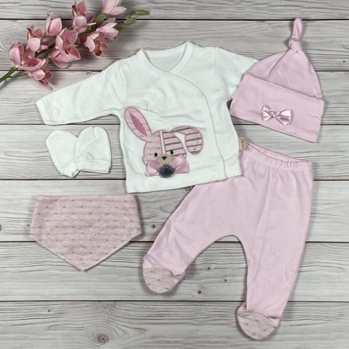  5 részes, nyuszis rózsaszín-fehér  kislány hazahozós baby szett
