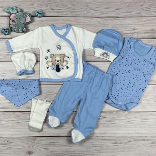 7 részes,  macis mintájú hazahozós kisfiú baby szett