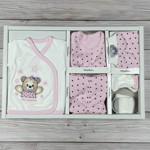 7 részes,  macis-szívecskés hazahozós kislány baby szett