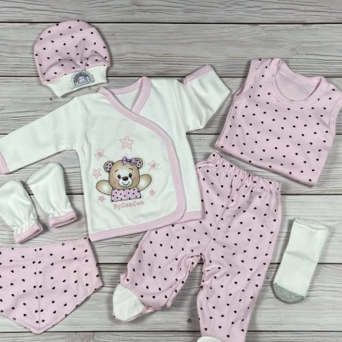 7 részes,  macis-szívecskés hazahozós kislány baby szett