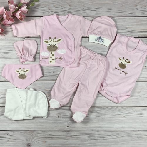8 részes,  zsiráfos mintájú rózsaszín hazahozós kislány baby szett
