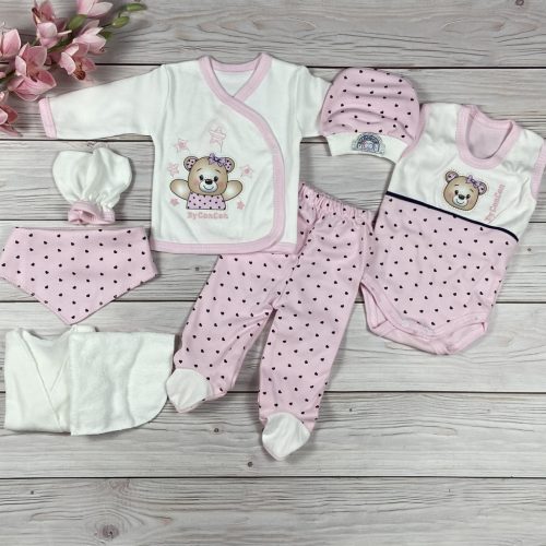 8 részes,  macis mintájú rózsaszín-fehér hazahozós kislány baby szett