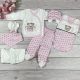 8 részes,  macis mintájú rózsaszín-fehér hazahozós kislány baby szett