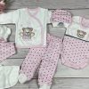 8 részes,  macis mintájú rózsaszín-fehér hazahozós kislány baby szett
