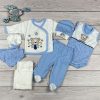 8 részes,  macis mintájú kék-fehér hazahozós kisfiú baby szett