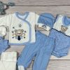 8 részes,  macis mintájú kék-fehér hazahozós kisfiú baby szett