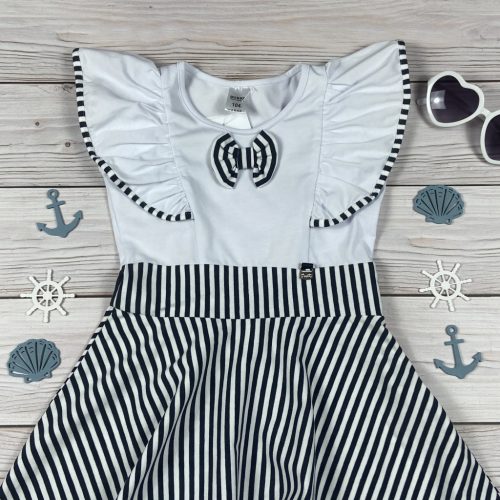 Kék-fehér csíkos matrózos kislány pamut ruha