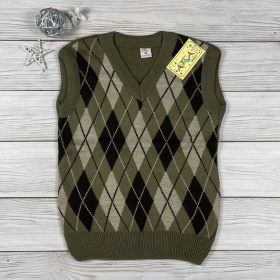   Olívazöld rombuszmintás belebújós kisfiú kötött mellény