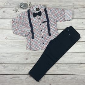 Piros-kék mintás inges kisfiú elegáns együttes