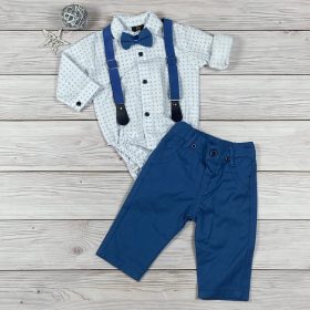   Kék-fehér színű, apró mintás bodys elegáns kisfiú együttes