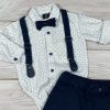 Mélykék-fehér színű, mintás bodys elegáns kisfiú együttes