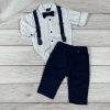 Mélykék-fehér színű, mintás bodys elegáns kisfiú együttes
