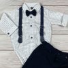 Mélykék-fehér színű, apró mintás bodys elegáns kisfiú együttes