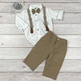   Világosbarna-fehér színű, apró mintás bodys elegáns kisfiú együttes