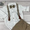 Világosbarna-fehér színű, apró mintás bodys elegáns kisfiú együttes