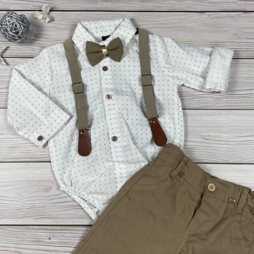 Világosbarna-fehér színű, apró mintás bodys elegáns kisfiú együttes