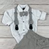 Világosszürke-fehér színű, apró mintás bodys elegáns kisfiú együttes