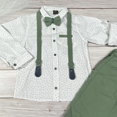 Világoszöld-fehér színű apró mintás inges elegáns kisfiú együttes