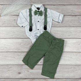  Zöld-fehér színű, apró mintás bodys elegáns kisfiú együttes