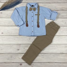 Elegáns kisfiú szett világoskék inggel, bézs nadrággal