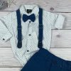 Kék-fehér színű, apró mintás bodys elegáns kisfiú együttes