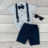 Mélykék-fehér apró mintás bodys-sortos kisfiú elegáns együttes