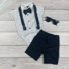 Mélykék-fehér apró mintás bodys-sortos kisfiú elegáns együttes