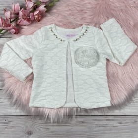   Elegáns, fehér színű kislány alkalmi hosszított boleró, kitűzővel