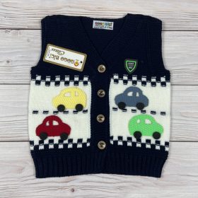 Mélykék színű kötött autós kisfiú mellény