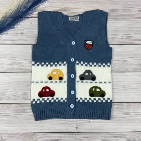 Kék színű kötött kisfiú autós mellény