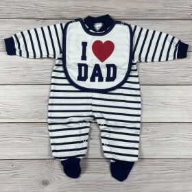   Csíkos baba rugdalózó előkével – „I love Dad” mintával