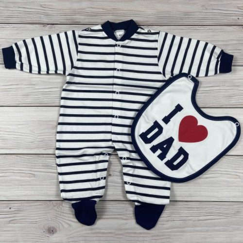 Csíkos baba rugdalózó előkével – „I love Dad” mintával