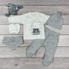  5 részes, elefántos szürke színű kisfiú hazahozós baby szett