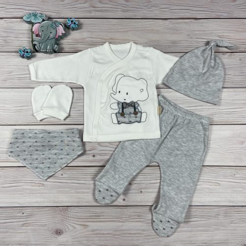  5 részes, elefántos szürke színű kisfiú hazahozós baby szett