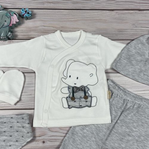  5 részes, elefántos szürke színű kisfiú hazahozós baby szett