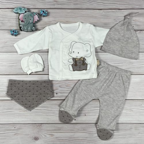 5 részes, elefántos bézs színű kisfiú hazahozós baby szett