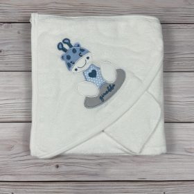 Kék zsiráfos fehér színű kapucnis Baby fürdőlepedő