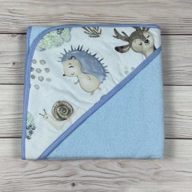 Erdei állatmintás kapucnis baby fürdőlepedő- kék 