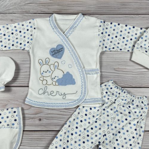 5 részes, nyuszis hazahozós baby szett-kék