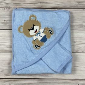   Kék alapon macis mintájú kapucnis Baby fürdőlepedő, mosdókesztyűvel