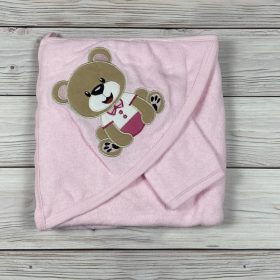   Rózsaszín alapon macis mintájú kapucnis Baby fürdőlepedő, mosdókesztyűvel