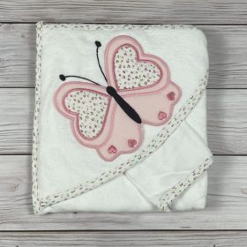   Pillangós fehér-rózsaszín kapucnis Baby fürdőlepedő, mosdókesztyűvel