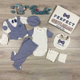    10 részes,  középkék-fehér elegáns kisfiú baby szett, babapléddel