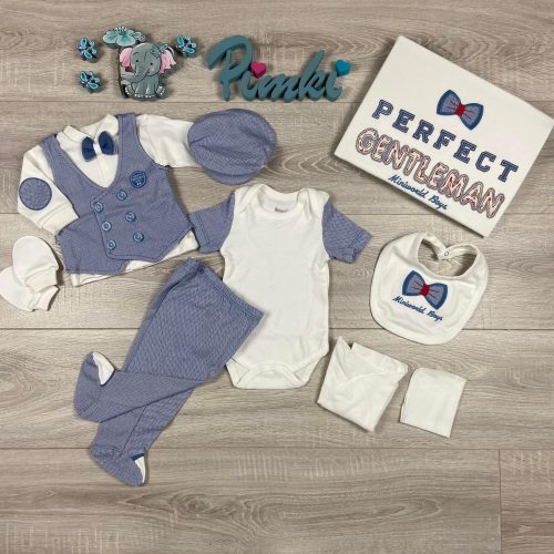  10 részes,  középkék-fehér elegáns kisfiú baby szett, babapléddel