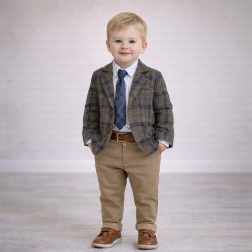 Barna kockás, zakós kisfiú öltöny szett, övvel
