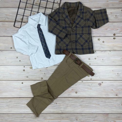 Barna kockás, zakós kisfiú öltöny szett, övvel