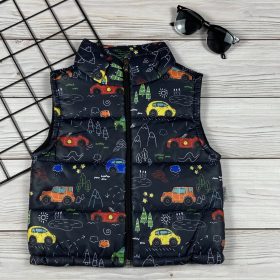 Autós mintájú mélykék kisfiú mellény 