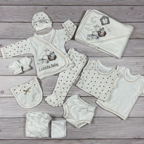 11 részes nyuszis-macis mintájú, bézs csillagos baby szett, babapléddel